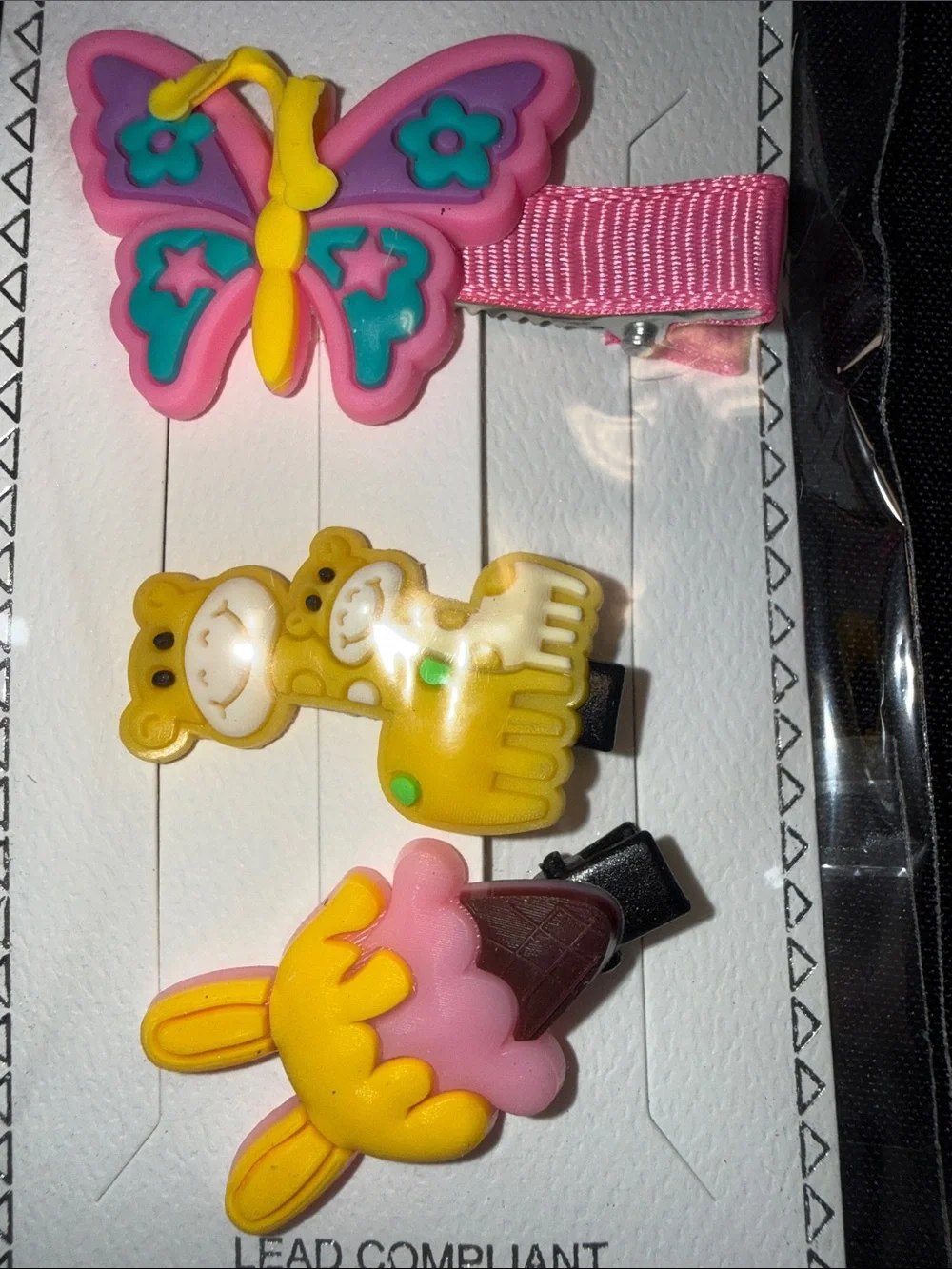 Mint Girls Butterfly, Frog & Ice Cream Clip Trio in Green, Pink, Yellow